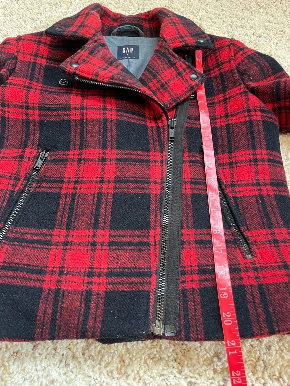 Gap Red Buffalo Plaid Wool Blend Moto Jacket Grunge Zip small